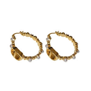 Elegant gold-plated hoop earrings featuring white pearls and a luxury letter logo design