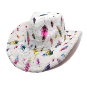 Chapeau de cowboy blanc en fausse fourrure avec imprimé plumes métalliques colorées
