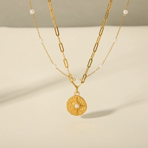 Double layer 18K gold plated stainless steel necklace with pearl and compass star pendant