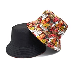 Stylishly printed vintage comic and solid black cotton canvas bucket hats for sun protection