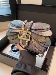 Iridescent Snake Pattern Crossbody Bag Butterfly Wing Design PU Leather Artificial Pearl Rhinestone Gold Chain Retro Square