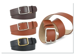 Detail view of leather belts in dark brown, reddish brown and black with metal buckles