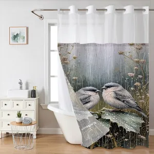 Detail of waterproof double-layer shower curtain with bird and leaf pattern on hooks