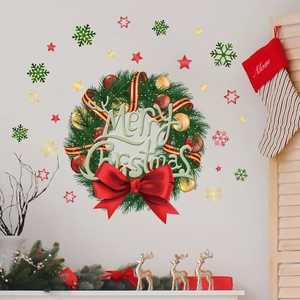 Sticker mural couronne de Noël avec nœud rouge et étoiles pour décoration festive de vitres
