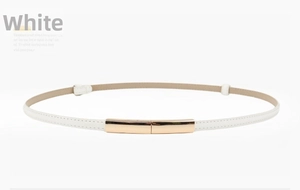 Close-up of thin white patent leather belt featuring a sleek gold metal buckle detail