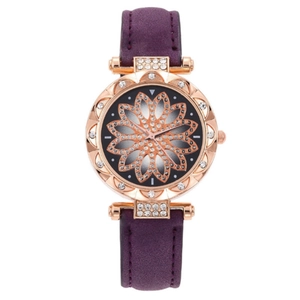 Close-up of rose gold cat-style square watch with purple strap and crystal flower dial