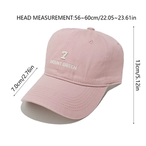 Pink cotton baseball cap detailed size chart showing 56-60cm circumference and 7cm brim
