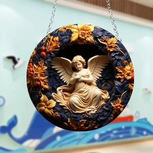 Classic angel relief ornament with floral details and metal chain for Christmas decor