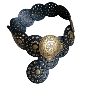 Bohemian black leather waist belt with bronze rivets and vintage metal buckle