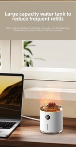 Mini volcano humidifier with orange flame light effect and digital screen on a modern desk