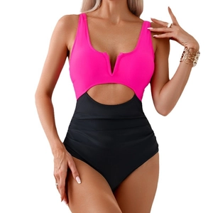 Women's slim fit one-piece swimsuit in rose pink and black contrast with waist cutout