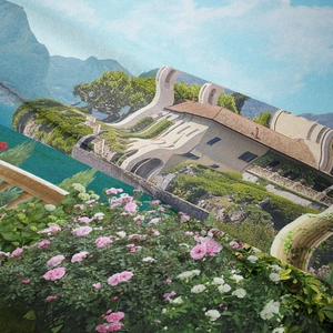 Detail eines Wandteppichs mit hochauflösendem Druck einer italienischen Villa am See