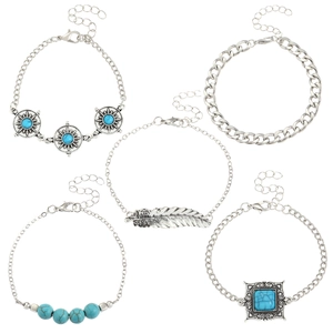Detail of 5-piece silver bohemian bracelet set featuring turquoise and sun totem charms