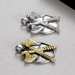 Vintage Viking double axe pendant in stainless steel with silver and gold finishes
