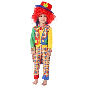 Colorful circus clown costume for kids with wig, hat, checkered pants and striped bow tie