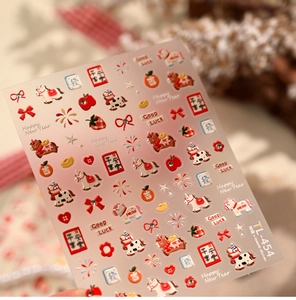 Detail of TL-454 3D embossed nail stickers with red festive pony and luck symbols