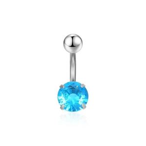 Detail of blue zircon belly ring with a polished steel bar and a four-prong setting
