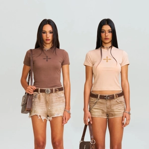 Women Slim Fit T-Shirt Short Sleeve Cotton Round Neck Cross Pattern Streetwear Y2K Cropped Top