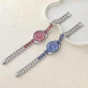 Luxury rhinestone quartz watches for women with red and blue Roman numeral dials