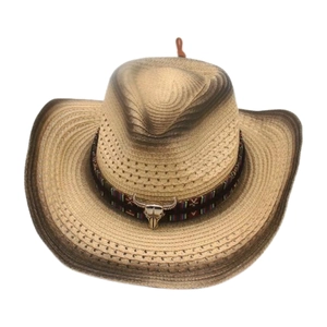 Western straw cowboy hat with rainbow ethnic band and bull head ornament