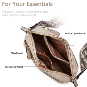 Crossbody bag interior detail featuring three functional pockets and a geometric strap