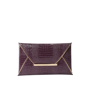 Minimalist envelope clutch bag in dark purple with crocodile pattern and gold metal trim