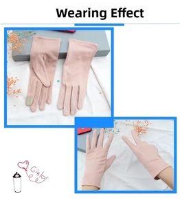 Detail of pink cotton sun gloves showing breathable mesh and touchscreen-ready fingertips