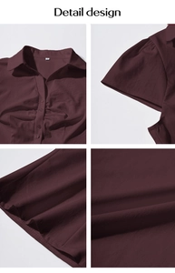 Vues détaillées d'une chemise boutonnée rouge foncé à manches courtes et de l'étiquette S