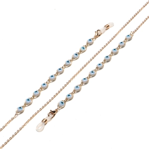 Golden chain eyewear strap featuring blue and white Evil Eye beads for fashion sunglasses