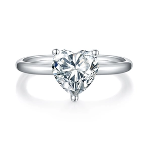 Elegant 2-carat heart-shaped moissanite silver ring with three-prong setting