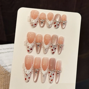Handmade Press On Nails Cat Eye French Style With K9 Diamonds Artificial Pearls Lace Red Cherry Pattern Elegant Fake Nails