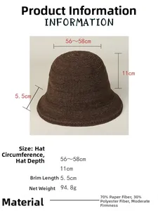 Détails des dimensions du chapeau de soleil marron en paille de papier et polyester