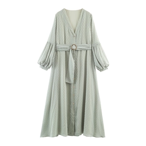 Robe Maxi Femme Mousseline Swiss Dot Col En V Manches Lanternes Longues Avec Ceinture Boucle Ronde Style Vintage