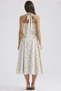 Detail view showing the open back neck-tie and floral print of this slim summer maxi dress