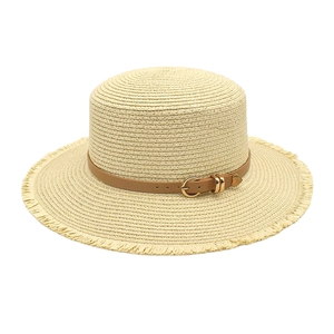 Boater Hat Straw Sun Protection Flat Top Wide Brim Fringe Edge Leather Belt Beach Vacation For Women Men