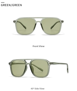 Front and 45-degree side views of modern retro double bridge sunglasses in matte green