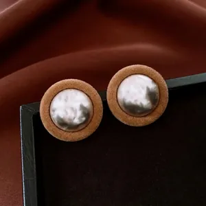 Vintage Round Stud Earrings Alloy Imitation Artificial Pearl Brown Flocked Design Autumn Winter Style Women Jewelry With 925 Sterling Silver Earring Post
