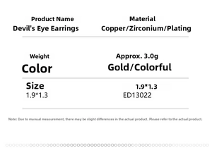 Specifications table for Evil Eye safety pin earrings with copper and zircon details