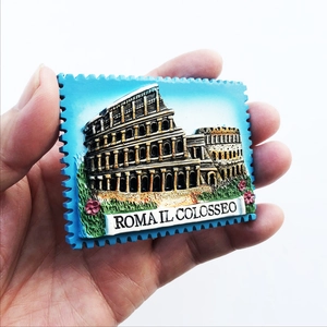 Detail of blue stamp-shaped resin fridge magnet featuring Colosseum Rome 3D relief