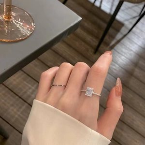 Luxe silver radiant cut square zircon halo open ring set on hand for elegant style