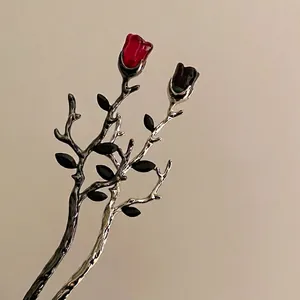 Gothic vintage metal rose hair stick with resin flower buds and silver finish