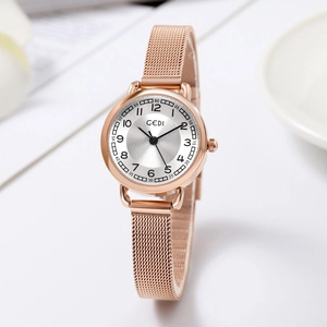 GEDI rose gold mesh strap watch for women with minimalist silver dial and Arabic numerals