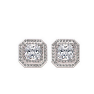 Macro detail of square princess cut zircon earrings with double halo silver plating