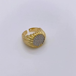 Adjustable gold plated irregular ring featuring micro-paved zircons and pleated texture