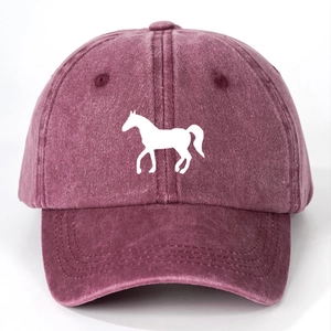 Washed burgundy baseball cap featuring a white horse silhouette print for men and women