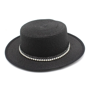 French vintage black straw boater hat with flat top and white pearl decorative band