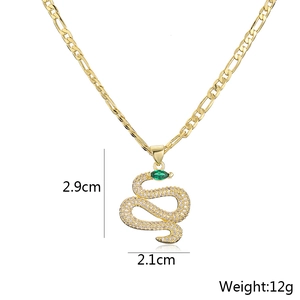 18K gold plated snake pendant necklace with green eye and zircon pavé stones