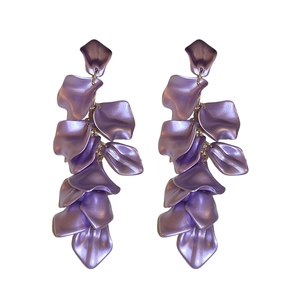 Long purple layered petal tassel earrings with elegant gold chains on a white background