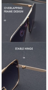 Detail of overlapping gold metal frame and stable hinge structure on sunglasses