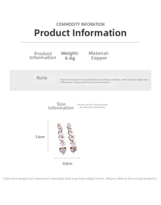 Macro detail of copper gradient heart drop earrings with dimensions and material specs